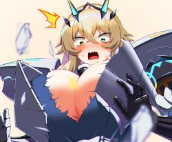 Rule 34 | 1girl, armor, black gloves, blonde hair, blouse, blue shirt, blush, breastplate, breasts, broken armor, bursting breasts, cleavage, barghest (fate), barghest (first ascension) (fate), fate/grand order, fate (series), gauntlets, gloves, green eyes, heterochromia, highres, horns, kuroshiro (ms-2420), large breasts, long hair, looking at viewer, open mouth, pauldrons, shirt, shoulder armor, solo, torn clothes, torn shirt, wavy mouth, yellow eyes