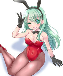 Rule 34 | 1girl, animal ears, aqua eyes, aqua hair, black gloves, bow, bowtie, brown pantyhose, covered navel, detached collar, fake animal ears, gloves, hair between eyes, hair ornament, hairclip, highres, izumi shara, kantai collection, leotard, long hair, looking at viewer, one eye closed, pantyhose, playboy bunny, rabbit ears, red leotard, shadow, simple background, sitting, solo, strapless, strapless leotard, suzuya (kancolle), traditional bowtie, white background, wrist cuffs