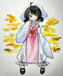 Rule 34 | 1girl, :3, ahoge, animal ears, averting eyes, belt, black footwear, black hair, blush, bob cut, breasts, carrot necklace, closed mouth, commentary, dress, floppy ears, full body, furisode sleeves, highres, inaba tewi, japanese clothes, jewelry, key747h, light smile, looking to the side, necklace, painting (medium), paper texture, pink dress, rabbit ears, rabbit girl, red belt, red eyes, red trim, shoes, short hair, small breasts, smile, solo, touhou, traditional media, watercolor (medium), wavy hair, white background, yellow background