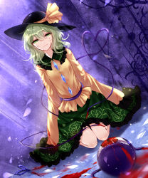 Rule 34 | 1girl, absurdres, bad id, bad pixiv id, black hat, blood, blood on face, bloody tears, blouse, blue background, closed mouth, collar, frilled collar, frilled shirt collar, frilled skirt, frilled sleeves, frills, green eyes, green hair, green skirt, hair between eyes, half-closed eyes, hat, hat ribbon, heart, heart of string, highres, kneeling, komeiji koishi, light smile, looking at viewer, ribbon, scissors, self-harm, severed, sheya, shirt, skirt, sleeves past wrists, smile, solo, third eye, touhou, wide sleeves, yellow ribbon, yellow shirt