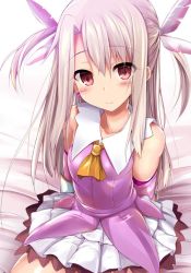 Rule 34 | 1girl, ascot, bare shoulders, blush, breasts, closed mouth, dress, earrings, fate/kaleid liner prisma illya, fate (series), feather hair ornament, feathers, gloves, hair between eyes, hair ornament, illyasviel von einzbern, jewelry, long hair, looking at viewer, pink dress, pink feathers, pink sleeves, prisma illya, red eyes, sen (astronomy), sitting, skirt, small breasts, smile, two side up, white gloves, white hair, white skirt, yellow ascot