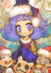 Rule 34 | 1boy, 2girls, :3, :d, ^ ^, acerola (pokemon), adapted costume, armlet, arms behind back, blue eyes, blush, brown hair, christmas, closed eyes, closed mouth, collarbone, costume, creatures (company), dress, egg, elite four, flipped hair, fur trim, game freak, gen 7 pokemon, hat, looking at viewer, merry christmas, mimikyu, multiple girls, nintendo, oetchi, open mouth, pikachu costume, pokemon, pokemon (creature), pokemon sm, preschooler (pokemon), purple dress, purple eyes, purple hair, purple hat, santa hat, short hair, short sleeves, smile, snowflakes, standing, stitches, teeth, trial captain, yungoos