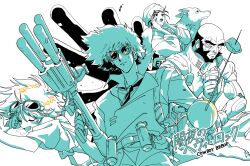 Rule 34 | 2boys, 2girls, aqua theme, copyright name, cowboy bebop, cup, dog, drooling, edward wong hau pepelu tivrusky iv, ein (cowboy bebop), english text, facial hair, faye valentine, goggles, goggles on head, gun, hands on own face, highres, holding, holding cup, holding gun, holding weapon, jet black, looking ahead, mixed-language text, monochrome, multiple boys, multiple girls, rapier, sleeping, spike spiegel, sword, thick eyebrows, weapon, yo-co
