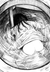 Rule 34 | 1girl, asphyxiation, ass, bottomless, commentary request, disorder!, drowning, floating, from behind, greyscale, highres, long hair, monochrome, open clothes, original, solo, water