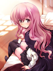Rule 34 | 00s, 1girl, bed, blush, cape, kashi, looking back, louise francoise le blanc de la valliere, open mouth, pink eyes, pink hair, popsicle, sitting, skirt, solo, suggestive fluid, thighhighs, zero no tsukaima, zettai ryouiki