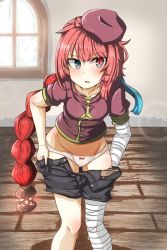 Rule 34 | 1girl, beret, blue eyes, blush, braid, clothes pull, female focus, hat, heterochromia, highres, indoors, leaning forward, looking at viewer, multicolored eyes, navel, ocha no mae, original, panties, red eyes, red hair, shorts, shorts pull, solo, standing, underwear, undressing, white panties
