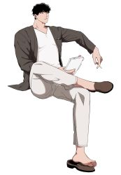 Rule 34 | 1boy, absurdres, balnom, cigarette, full body, highres, holding, jacket, looking to the side, male focus, open clothes, open jacket, original, pants, paper, pectorals, shirt, shoes, short hair, solo, thick eyebrows, transparent background, v-neck, white pants, white shirt