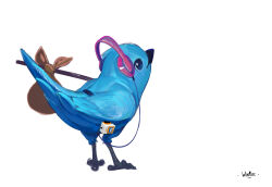 Rule 34 | absurdres, beak, bird, blue bird, blue eyes, blue feathers, digital media player, feathers, full body, headphones, highres, simple background, twitter, twitter bird, white background, winpuss
