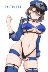 Rule 34 | 1girl, absurdres, azur lane, baltimore (azur lane), baltimore (finish line flagbearer) (azur lane), bikini, black bikini, blue bikini, blue footwear, blue hat, blue jacket, blue shorts, blue sleeves, blush, boots, braid, breasts, brown hair, character name, chest harness, choker, cleavage, closed mouth, collarbone, commentary, cowboy shot, cropped jacket, detached sleeves, dutch angle, french braid, groin, hair between eyes, hand up, harness, hat, highleg, highleg bikini, highres, jacket, kuro hopper, large breasts, looking at viewer, micro shorts, mismatched bikini, navel, official alternate costume, open clothes, open jacket, peaked cap, race queen, short hair, shorts, sidelocks, simple background, single detached sleeve, single sleeve, skindentation, smile, solo, standing, stomach, swimsuit, thigh boots, underboob, white background, yellow eyes