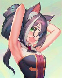 Rule 34 | 1girl, animal ear fluff, animal ears, armpits, arms behind head, arms up, bare arms, bare shoulders, black-framed eyewear, black hair, blush, breasts, cat ears, cat girl, commentary request, fang, from side, gem, glasses, gradient background, green background, green eyes, hair between eyes, karyl (princess connect!), long hair, looking at viewer, medium breasts, multicolored hair, photoshop (medium), ponytail, princess connect!, rotix, sleeveless, solo, streaked hair, twintails, upper body, white hair