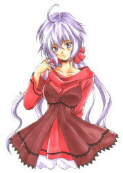 Rule 34 | 10s, 1girl, ahoge, blush, collarbone, dress, eyebrows, twirling hair, lace, lace-trimmed dress, lace trim, long hair, long sleeves, looking at viewer, low-tied long hair, puffy shorts, purple eyes, purple hair, red dress, scrunchie, senki zesshou symphogear, seraworks, shorts, smile, solo, traditional media, twintails, very long hair, white background, white shorts, yukine chris