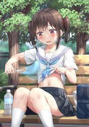 Rule 34 | 1girl, absurdres, bag, bench, blue neckerchief, blue skirt, blush, bottle, brown hair, clothes lift, collarbone, day, fanning self, hair ribbon, hand fan, highres, hot, knees together feet apart, lifting own clothes, medium hair, midriff, navel, neckerchief, nedia (nedia region), open mouth, original, outdoors, paper fan, pleated skirt, purple eyes, red ribbon, ribbon, sailor collar, school bag, shirt, shirt lift, short sleeves, short twintails, sitting, skirt, socks, solo, stomach, summer, sunlight, sweat, tree, twintails, water bottle, wavy mouth, white sailor collar, white shirt, white socks, wooden bench