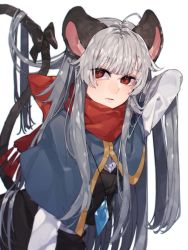 Rule 34 | 1girl, alternate hair length, alternate hairstyle, animal ears, arm up, black bow, black skirt, black vest, bow, capelet, commentary request, grey hair, highres, jewelry, leaning forward, long hair, long sleeves, looking at viewer, mouse ears, mouse tail, nazrin, pendant, prat rat, red eyes, red scarf, scarf, scarf bow, shirt, skirt, solo, tail, tail bow, tail ornament, touhou, vest, white background, white shirt