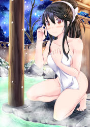 Rule 34 | 10s, 1girl, absurdres, ayakase hotaru, barefoot, bath, black hair, brown eyes, covering privates, feet, fence, full body, hair between eyes, hair up, haruna (kancolle), highres, kantai collection, kneeling, long hair, looking at viewer, naked towel, night, nude cover, onsen, outdoors, rock, smile, snow, snowing, solo, toes, towel, towel on head, water, wooden fence