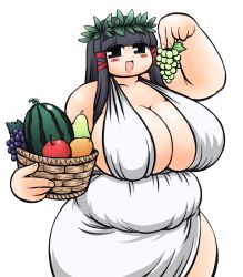 Rule 34 | 1girl, bare shoulders, black eyes, black hair, breasts, eating, esenoji, fat, female focus, food, fruit, hair ornament, hime cut, huge breasts, long hair, obese, open mouth, os-tan, simple background, solo, standing, white background, xp-tan