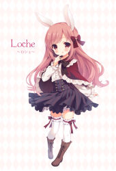 Rule 34 | 1girl, animal ears, blush, boots, bow, capelet, center frills, character name, chitosezaka suzu, commentary request, dress, frilled thighhighs, frills, long hair, long sleeves, looking at viewer, original, patterned background, pink eyes, pink hair, pinstripe pattern, puffy sleeves, rabbit ears, skirt, solo, striped, thighhighs, white thighhighs