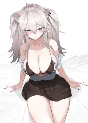 Rule 34 | 1girl, ahoge, animal ears, blush, bra, breasts, cleavage, collarbone, crystal shoujo, ear piercing, grey eyes, grey hair, hair between eyes, highres, hololive, large breasts, lion ears, lion girl, long hair, looking at viewer, nail polish, on bed, piercing, shirt, shishiro botan, sidelocks, smile, solo, striped bra, striped clothes, underwear, virtual youtuber, white background