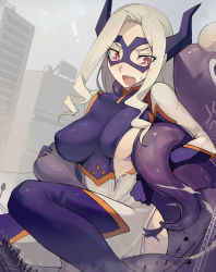 Rule 34 | !, 10s, 1girl, angry, ass, audience, battle, blonde hair, blush, bodysuit, boku no hero academia, braid, breasts, building, city, crowd, domino mask, embarrassed, fight, fighting, giant, giantess, gloves, head bump, horns, large breasts, long hair, looking down, mask, monster, mount lady, mouth mask, no bra, open mouth, purple eyes, side braid, sideboob, size difference, skin tight, superhero costume, sweat, teeth, tentacles, thighhighs, tongue, torn bodysuit, torn clothes, walzrj