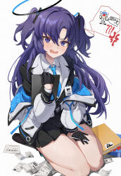 Rule 34 | !?, 1girl, absurdres, anger vein, black gloves, black jacket, black skirt, blue archive, blush, book, cyan yu, gloves, hair ornament, halo, highres, holding, id card, jacket, long hair, long sleeves, looking at viewer, necktie, off shoulder, open clothes, open mouth, pleated skirt, purple eyes, purple hair, receipt, shirt, simple background, sitting, skirt, solo, two side up, very long hair, white background, white shirt, yuuka (blue archive)