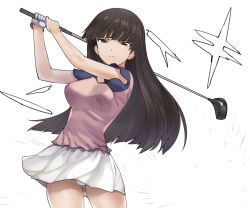 Rule 34 | &gt;:(, 10s, 1girl, a1 (initial-g), breasts, brown hair, closed mouth, cowboy shot, frown, girls und panzer, gloves, gluteal fold, golf club, highres, holding, large breasts, long hair, looking away, nishizumi shiho, panties, pantyshot, pink shirt, shirt, short sleeves, single glove, skirt, solo, standing, swinging, tsurime, underwear, v-shaped eyebrows, white background, white gloves, white panties, white skirt