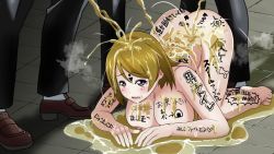 Rule 34 | 1girl, 3boys, all fours, black legwear, blonde hair, blush, body writing, breasts, brown footwear, clothed male nude female, dogeza, golden shower, large breasts, medium hair, multiple boys, nude, pee, peeing, prostration, rebasuto, toilet symbol