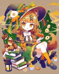 Rule 34 | 1girl, :p, animal ears, braid, brown background, brown hair, candle, candy, cat ears, dress, food, full body, hat, highres, lantern, original, saijo1201, solo, sweets, tongue, tongue out, twin braids, witch, witch hat, yellow eyes
