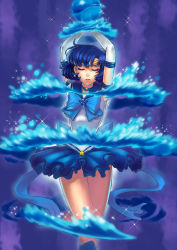 Rule 34 | 1990s (style), 1girl, arms up, bishoujo senshi sailor moon, bishoujo senshi sailor moon stars, blue hair, blue sailor collar, blue skirt, blue theme, boots, bow, brooch, choker, closed eyes, earrings, elbow gloves, gloves, hydrokinesis, jewelry, knee boots, legs, magical girl, miniskirt, mizuno ami, pleated skirt, retro artstyle, ribbon, sailor collar, sailor mercury, short hair, skirt, solo, sparkle, star (symbol), super sailor mercury (stars), tiara, transformation, water, white gloves, yukiusagi1983