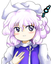 Rule 34 | 1girl, blush, hand up, highres, letty whiterock, long sleeves, looking at viewer, medium hair, parted lips, purple eyes, purple hair, purple vest, simple background, smile, solo, squeans, touhou, upper body, vest, white background, yakumora n, zun (style)