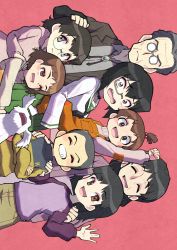 Rule 34 | 2boys, 6+girls, ;d, absurdres, black choker, black eyes, black hair, black jacket, black neckerchief, blazer, blouse, blunt bangs, blunt ends, bob cut, bolo tie, bow choker, brother and sister, brown eyes, brown hair, carrying, child carry, choker, closed eyes, commentary request, crossed arms, dog, family, fang, father and daughter, father and son, frown, girls und panzer, glasses, green skirt, grey-framed eyewear, grey hair, grey shirt, grin, hair bobbles, hair ornament, hand on another&#039;s head, hand on another&#039;s shoulder, hands on another&#039;s shoulders, highres, hug, husband and wife, jacket, kawashima fifth daughter, kawashima first son, kawashima fourth daughter, kawashima momo, kawashima momo&#039;s father, kawashima momo&#039;s mother, kawashima second daughter, kawashima third daughter, long sleeves, looking at viewer, medium hair, miniskirt, mother and daughter, mother and son, multiple boys, multiple girls, nakachiruno, neckerchief, one eye closed, one side up, ooarai school uniform, opaque glasses, open mouth, orange overalls, overalls, pajamas, pink shirt, pleated skirt, purple shirt, raglan sleeves, raised fist, rimless eyewear, round eyewear, sailor collar, school uniform, semi-rimless eyewear, serafuku, shirt, short hair, siblings, sisters, skirt, smile, texture, under-rim eyewear, very short hair, waving, wavy mouth, white sailor collar, white shirt, yellow shirt