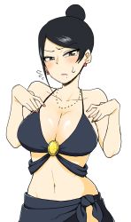 Rule 34 | 1girl, absurdres, bijin onna joushi takizawa-san, black hair, blush, breasts, brown eyes, cleavage, earrings, hair bun, highres, jewelry, large breasts, looking at viewer, nail polish, necklace, simple background, single hair bun, solo, standing, swimsuit, takizawa, takizawa kyouko, white background, yan-baru