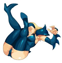 Rule 34 | 1girl, absurdres, accident, arm warmers, armor, ass, blonde hair, blue eyes, blue thighhighs, boots, breasts, capcom, embarrassed, closed eyes, falling, forehead protector, highres, huge ass, iggler, leotard, looking at viewer, looking back, mizuki (punisher), ninja, pauldrons, punisher (capcom), shoulder armor, solo, spikes, tears, teeth, the punisher, thick thighs, thigh boots, thighhighs, thighs, transparent background, vambraces