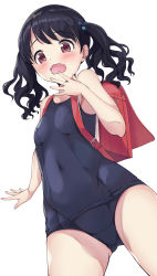 Rule 34 | 1girl, absurdres, backpack, bag, bare arms, bare shoulders, black hair, blue flower, blue one-piece swimsuit, blush, breasts, brown eyes, commentary request, fangs, flower, fukumaru koito, gluteal fold, hair flower, hair ornament, hand up, highres, idolmaster, idolmaster shiny colors, kuroba aki, old school swimsuit, one-piece swimsuit, open mouth, randoseru, school swimsuit, simple background, small breasts, solo, swimsuit, twintails, wavy mouth, white background
