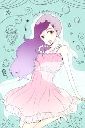 Rule 34 | 11 (or 578), 1girl, bad id, bad pixiv id, blue background, brown eyes, dress, fish, highres, jellyfish, jewelry, kuragehime, kurashita tsukimi, lipstick, looking at viewer, makeup, necklace, pearl necklace, purple hair, solo