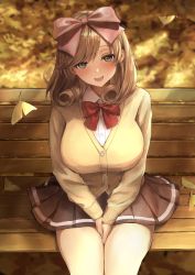 Rule 34 | 1girl, :d, absurdres, bench, between legs, black skirt, blonde hair, bow, breasts, buttons, commentary request, curly hair, ginkgo tree, green eyes, hair bow, half-closed eyes, hand between legs, haruka (senran kagura), highres, lemonrou, long sleeves, looking at viewer, open mouth, pink bow, red bow, red neckwear, senran kagura, sitting, skirt, smile, solo, sweater, swept bangs, thighs, yellow sweater