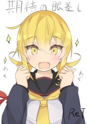 Rule 34 | ahoge, blonde hair, crescent, crescent pin, etsuransha no rei, highres, jewelry, kantai collection, looking at viewer, ring, sailor collar, satsuki (kancolle), satsuki kai ni (kancolle), school uniform, serafuku, signature, simple background, sparkle, twintails, wedding ring, yellow eyes