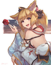 Rule 34 | 1girl, animal ears, backless outfit, blonde hair, breasts, candy apple, food, from behind, granblue fantasy, japanese clothes, kimono, looking back, odd (hin yari), pink eyes, ponytail, sideboob, solo, squatting, wide sleeves, yuisis (granblue fantasy), yukata