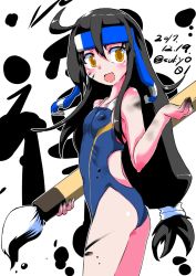 Rule 34 | 1girl, black hair, blue one-piece swimsuit, calligraphy brush, competition swimsuit, cowboy shot, dated, covered erect nipples, hatsushimo (kancolle), headband, kantai collection, long hair, low-tied long hair, one-piece swimsuit, open mouth, oversized object, paintbrush, smile, solo, sukiyo, swimsuit, twitter username, yellow eyes