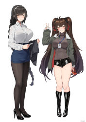 2girls alternate_costume black_bow black_hair black_pantyhose black_shoes black_shorts blue_skirt blush boots bow braid braided_ponytail breasts brown_hair closed_mouth collared_shirt commentary daiyan_(girls&#039;_frontline_2) english_commentary full_body fur-trimmed_jacket fur_trim girls&#039;_frontline girls&#039;_frontline_2:_exilium hair_bow hair_ribbon hairband heart high_heels highres holding jacket jiangyu_(girls&#039;_frontline_2) kion-kun large_breasts long_hair looking_at_viewer multiple_girls office_lady open_clothes open_jacket pantyhose parted_lips pencil_skirt red_ribbon ribbed_sweater ribbon shirt shoes shorts skirt smile standing sweater turtleneck turtleneck_sweater twintails type_95_(girls&#039;_frontline) type_97_(girls&#039;_frontline) w white_background white_hairband white_shirt