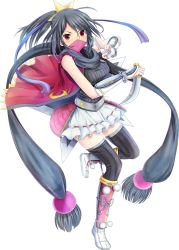 Rule 34 | 1girl, arm guards, armor, black hair, black thighhighs, blush, boots, covered mouth, dagger, fighting stance, full body, holding, holding weapon, knee boots, knife, last summoner, looking at viewer, ninja, official art, pom pom (clothes), red eyes, scarf, short hair, solo, sweater, thighhighs, transparent background, weapon, zettai ryouiki