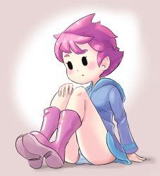 Rule 34 | 1girl, aardcase, black eyes, blank eyes, blue dress, blue panties, blush, boots, breasts, dress, female focus, full body, hand on own knee, hand up, highres, hooded dress, knees up, kumatora, legs together, long sleeves, mother (game), mother 3, nintendo, open mouth, panties, pantyshot, pink background, pink footwear, pink hair, shiny clothes, short hair, simple background, sitting, small breasts, solo, striped clothes, striped panties, underwear, upskirt
