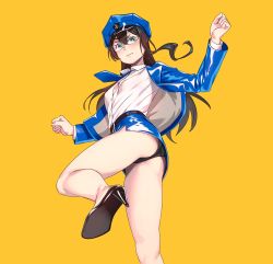 Rule 34 | 1girl, alternate costume, anchor print, ass, bare legs, belt, black hair, black panties, blue eyes, blue jacket, blue skirt, blush, breasts, closed mouth, commentary request, from below, glasses, hat, high heels, highres, jacket, kantai collection, leg up, long hair, long sleeves, looking at viewer, miniskirt, ooyodo (kancolle), panties, pantyshot, peaked cap, pencil skirt, semi-rimless eyewear, shiny clothes, shirt, simple background, skirt, small breasts, solo, thighs, under-rim eyewear, underwear, white shirt, yellow background, yuuji (and)