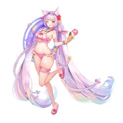 Rule 34 | 1girl, absurdly long hair, animal ears, bell, bikini, blush, braid, breasts, cat girl, cat tail, cleavage, collar, flip-flops, food, full body, game cg, highres, ice cream, ice cream cone, last origin, light purple hair, long hair, medium breasts, navel, neck bell, official art, one eye closed, open mouth, paintale, perrault (last origin), sandals, smile, solo, swimsuit, tachi-e, tail, transparent background, twin braids, very long hair, yellow eyes