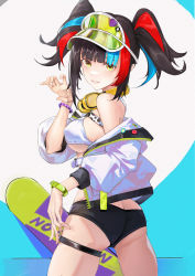 Rule 34 | 1girl, absurdres, ass, badge, bare shoulders, bikini, black hair, black shorts, blue hair, blush, breasts, butt crack, button badge, fate/grand order, fate (series), green headwear, headphones, headphones around neck, highres, jacket, large breasts, long hair, long sleeves, looking at viewer, looking back, multicolored hair, off shoulder, open clothes, open jacket, red hair, sei shounagon (fate), sei shounagon (swimsuit berserker) (fate), short shorts, shorts, sidelocks, skateboard, swimsuit, thigh strap, thighs, twintails, visor cap, white bikini, white jacket, yellow eyes, zuihou de miao pa si