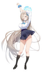 Rule 34 | 1girl, absurdly long hair, absurdres, arm up, asuna (blue archive), black footwear, black socks, blue archive, blue bow, blue bowtie, blue eyes, blue halo, blue nails, blue ribbon, blue scrunchie, blue skirt, bow, bowtie, breasts, buttons, choker, collared shirt, dai nikucho, eyes visible through hair, facing viewer, full body, hair over one eye, hair ribbon, halo, hand on own arm, highres, impossible clothes, large breasts, legs, loafers, long hair, long legs, long sleeves, looking at viewer, miniskirt, nail polish, one eye closed, open collar, parted bangs, ribbon, school uniform, scrunchie, shirt, shoes, simple background, skirt, sleeves rolled up, smile, socks, solo, standing, stretched limb, stretching, thighs, very long hair, white background, white shirt, wrist scrunchie