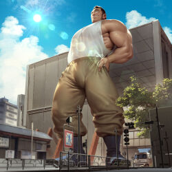 Rule 34 | &gt; o, 1boy, abs, absurdres, ai-assisted, bald spot, bara, bare arms, blue sky, building, car, chijimetaro, cloud, cloudy sky, construction, cross scar, eyebrow cut, facial hair, giant, giant male, godaigo daigo, godaigo daigo (character), grin, highres, house, large pectorals, long sideburns, male focus, mature male, motor vehicle, muscular, muscular male, nipples, obliques, one eye closed, pectorals, road, scar, short hair, sideburns, sidepec, sky, smile, solo, standing, stomach, street, stretching, stubble, sunlight, sweat, tank top, thick eyebrows, thick thighs, thighs, tree, white tank top