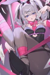 Rule 34 | 1girl, absurdres, animal ears, ass, black footwear, black leotard, black pantyhose, blue eyes, blush, breasts, card, detached collar, fake animal ears, fingernails, grey hair, hair between eyes, high heels, highres, holding, holding syringe, kantai collection, kashima (kancolle), leotard, long hair, medium breasts, nail polish, open mouth, pantyhose, picoli1313, rabbit ears, rabbit hole (vocaloid), red nails, solo, syringe, twintails