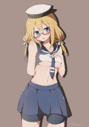 Rule 34 | 10s, 1girl, :p, bare shoulders, bike shorts, blonde hair, breasts, glasses, hair ribbon, hand on own chest, hat, i-8 (kancolle), kantai collection, koutya, long hair, medium breasts, midriff, navel, purple background, red-framed eyewear, ribbon, sailor collar, sketch, skirt, sleeveless, smile, solo, tongue, tongue out, twintails, twitter username, underboob, white ribbon