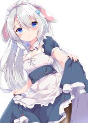 Rule 34 | 1girl, ahoge, animal ears, apron, black nails, blue dress, blue eyes, blue flower, blue rose, blush, breasts, brown pantyhose, cleavage, closed mouth, collar, commentary request, detached collar, dress, flower, frilled apron, frilled dress, frills, fuuna, hair between eyes, hair flower, hair ornament, highres, long hair, maid, maid headdress, nail polish, original, pantyhose, puffy short sleeves, puffy sleeves, rabbit ears, rose, short sleeves, silver hair, simple background, skirt hold, small breasts, smile, solo, very long hair, waist apron, white apron, white background, white collar, wing collar