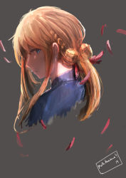 Rule 34 | 1girl, absurdres, blonde hair, blue eyes, blue jacket, braid, closed mouth, commentary, english commentary, falling petals, grey background, hair between eyes, hair intakes, hair ribbon, highres, jacket, long hair, looking to the side, matokunewa, petals, red ribbon, ribbon, sidelocks, violet evergarden, violet evergarden (series)