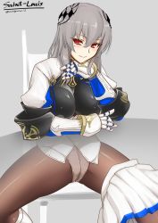 Rule 34 | 1girl, asaga aoi, azur lane, breasts, brown pantyhose, chair, character name, closed mouth, grey hair, hair between eyes, hand up, large breasts, long hair, looking at viewer, miniskirt, mole, mole under eye, no pupils, pantyhose, pleated skirt, red eyes, saint-louis (azur lane), sitting, skirt, skirt around one leg, smile, solo, spread legs, table, twitter username, white skirt